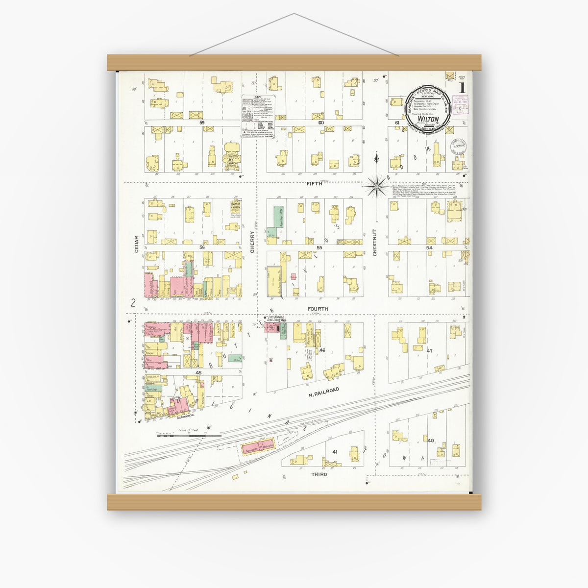 Old map wall art mockup — magnetic wood frame on white wall — Sanborn Fire Insurance Map from Wilton Junction, Muscatine County, Iowa (1901) â€” Complete Set