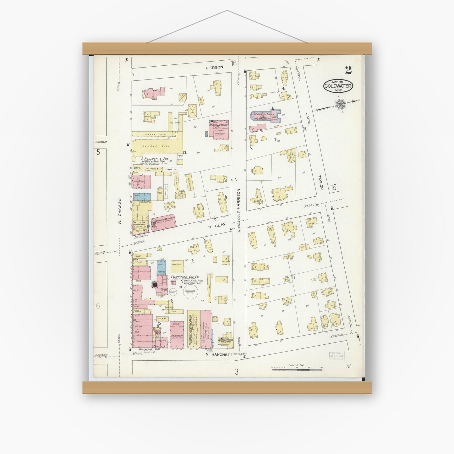 Old map wall art mockup — magnetic wood frame on white wall — Sanborn Fire Insurance Map from Coldwater, Branch County, Michigan (1914), Sheet #0002