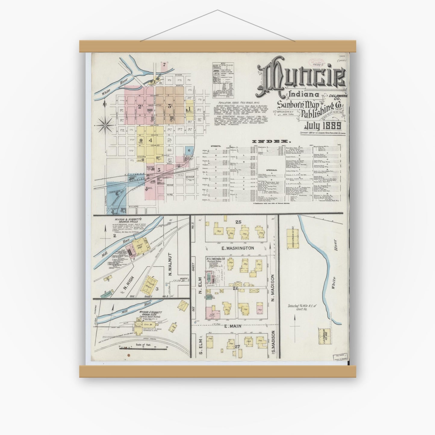 Old map wall art mockup — magnetic wood frame on white wall — Sanborn Fire Insurance Map from Muncie, Delaware County, Indiana (1889), Sheet #0001