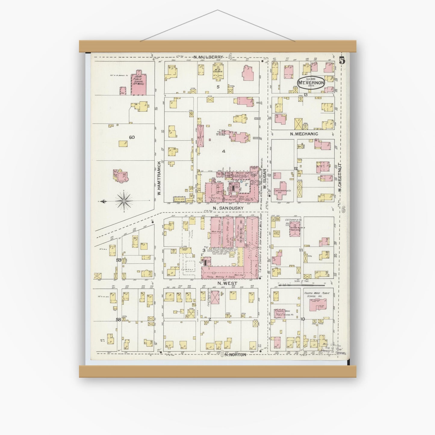 Old map wall art mockup — magnetic wood frame on white wall — Sanborn Fire Insurance Map from Mount Vernon, Knox County, Ohio (1892), Sheet #0005
