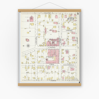 Old map wall art mockup — magnetic wood frame on white wall — Sanborn Fire Insurance Map from Mount Vernon, Knox County, Ohio (1892), Sheet #0005