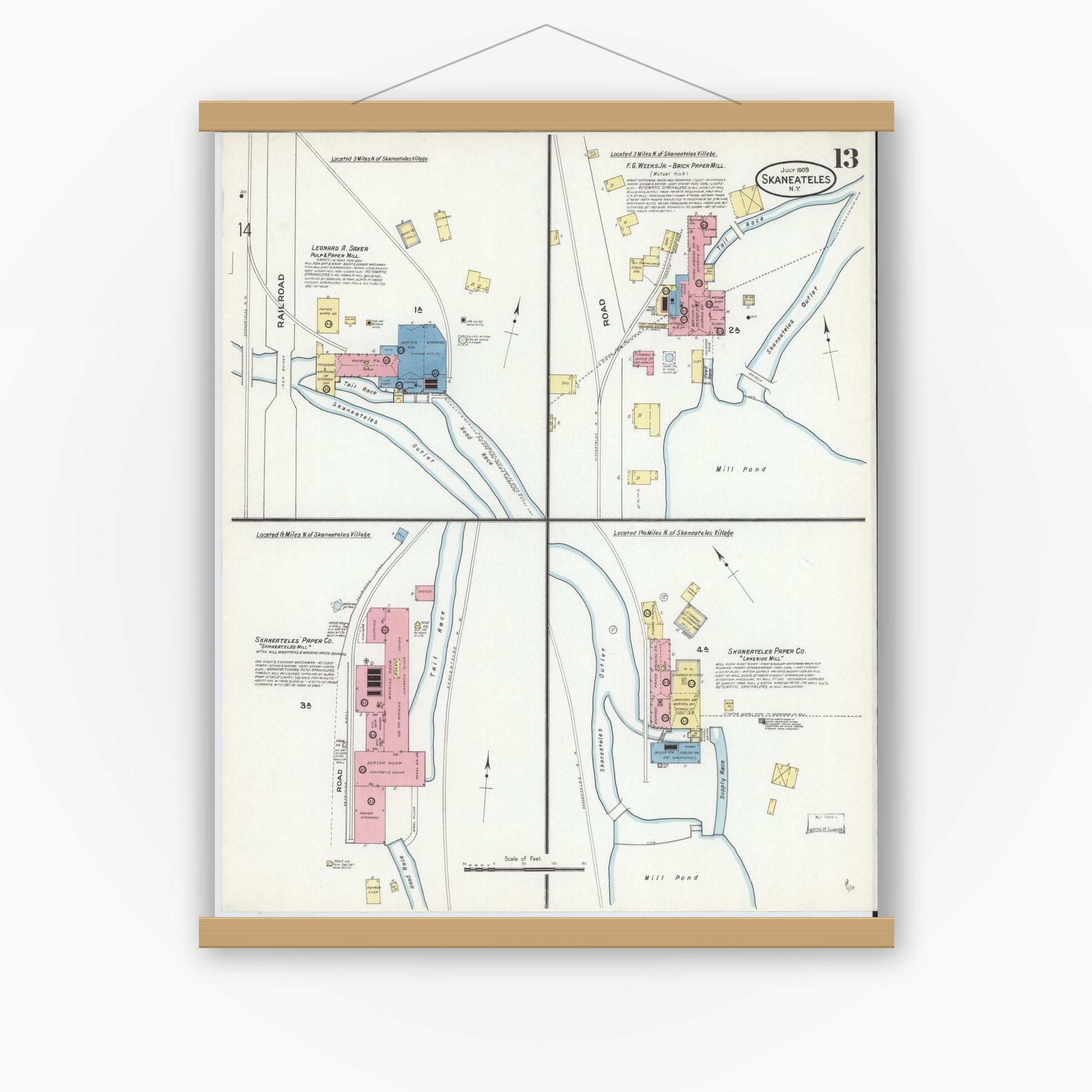 Old map wall art mockup — magnetic wood frame on white wall — Sanborn Fire Insurance Map from Skaneateles, Onondaga County, New York (1909), Sheet #0013