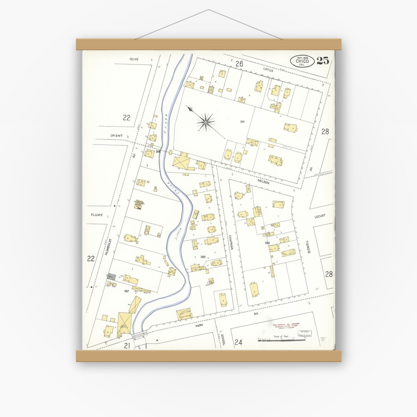 Old map wall art mockup — magnetic wood frame on white wall — Sanborn Fire Insurance Map from Chico, Butte County, California (1909), Sheet #0025