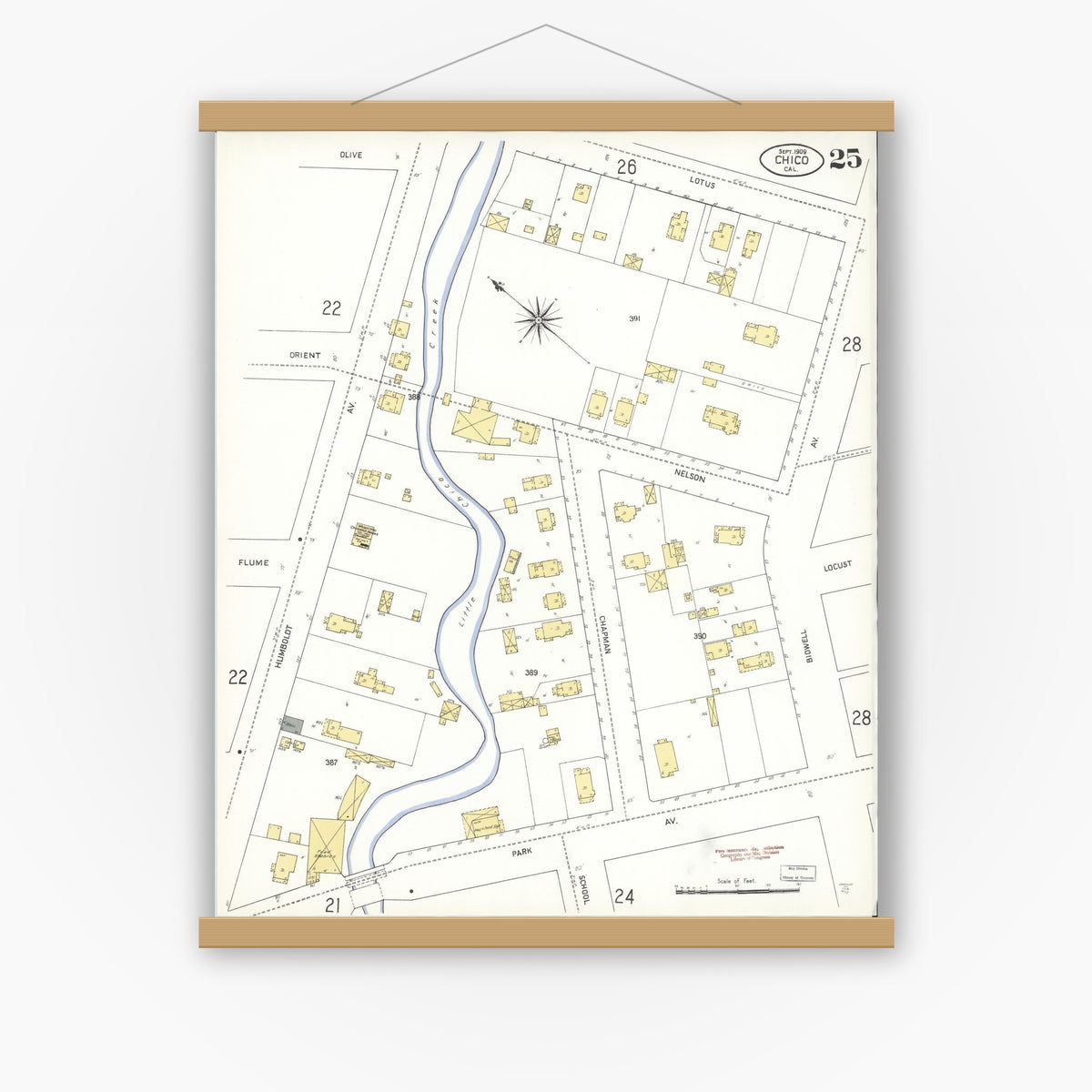 Old map wall art mockup — magnetic wood frame on white wall — Sanborn Fire Insurance Map from Chico, Butte County, California (1909), Sheet #0025