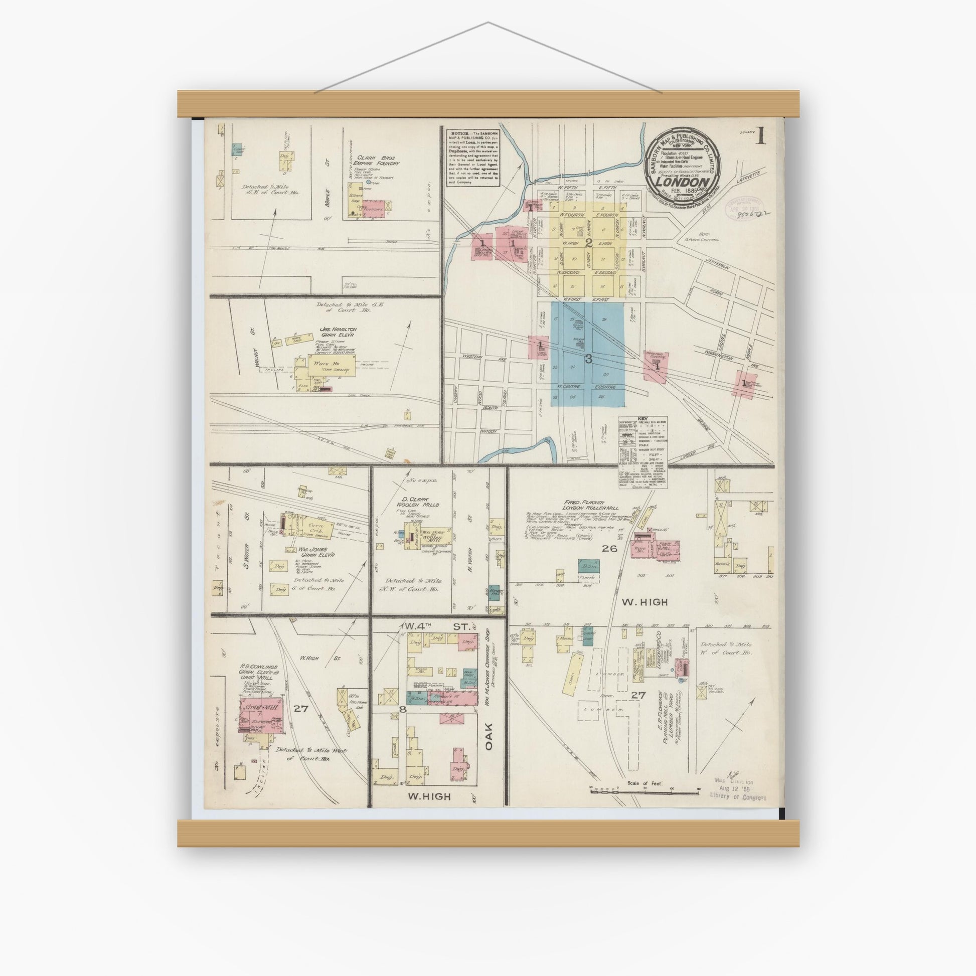 Old map wall art mockup — magnetic wood frame on white wall — Sanborn Fire Insurance Map from London, Madison County, Ohio (1885) - Complete Map Set