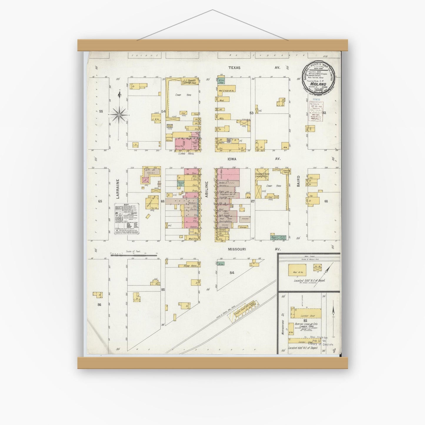 Old map wall art mockup — magnetic wood frame on white wall — Sanborn Fire Insurance Map from Midland, Midland County, Texas (1900), Sheet #0001