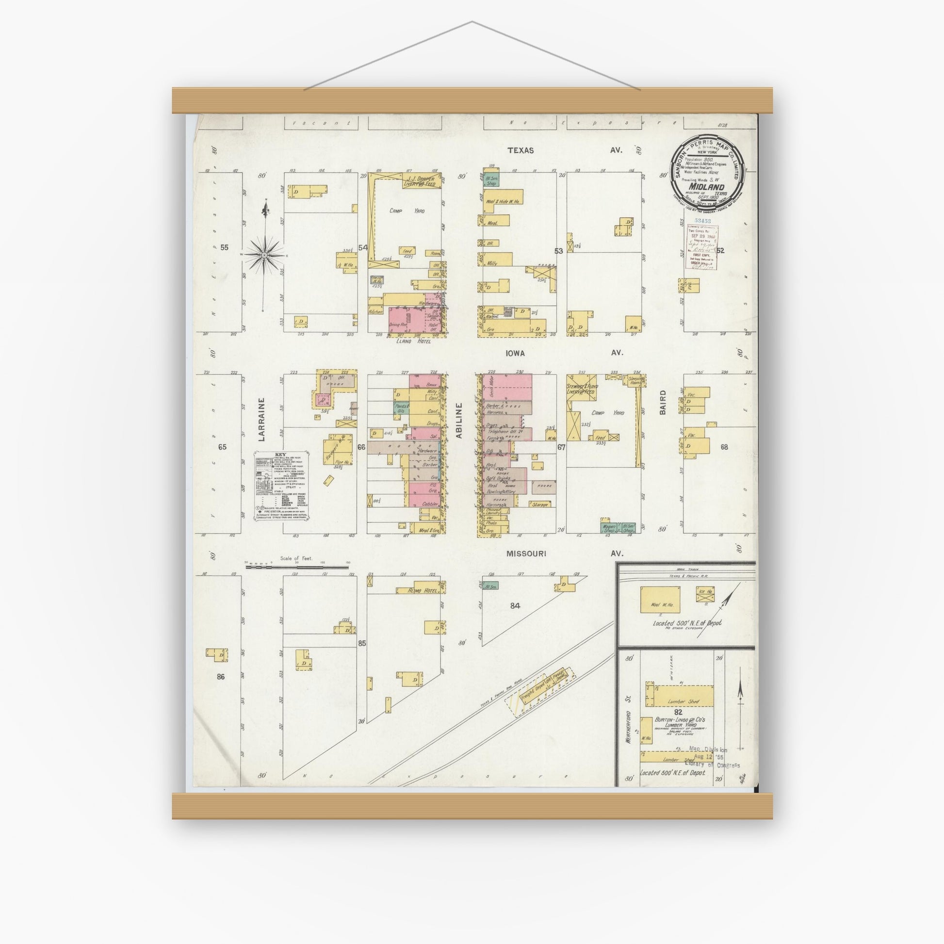 Old map wall art mockup — magnetic wood frame on white wall — Sanborn Fire Insurance Map from Midland, Midland County, Texas (1900), Sheet #0001