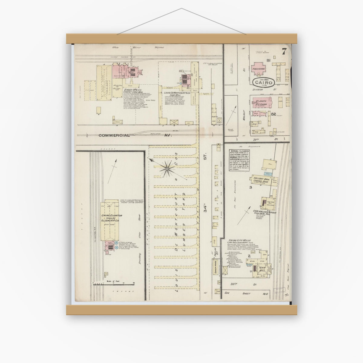 Old map wall art mockup — magnetic wood frame on white wall — Sanborn Fire Insurance Map from Cairo, Alexander County, Illinois (1885), Sheet #0007