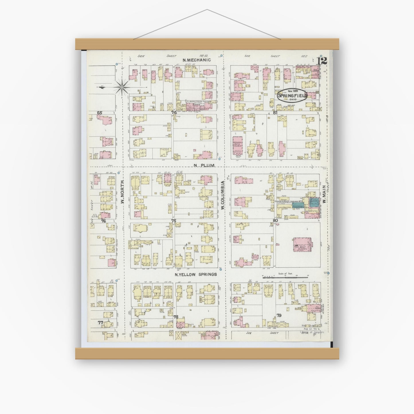 Old map wall art mockup — magnetic wood frame on white wall — Sanborn Fire Insurance Map from Springfield, Clark County, Ohio (1891), Sheet #0012