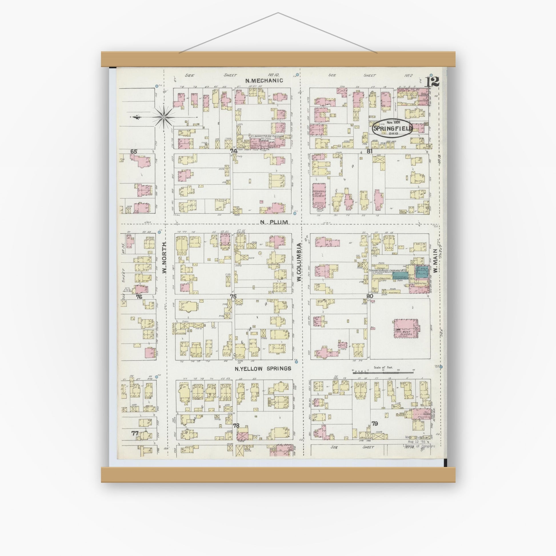 Old map wall art mockup — magnetic wood frame on white wall — Sanborn Fire Insurance Map from Springfield, Clark County, Ohio (1891), Sheet #0012