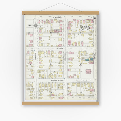 Old map wall art mockup — magnetic wood frame on white wall — Sanborn Fire Insurance Map from Springfield, Clark County, Ohio (1891), Sheet #0012