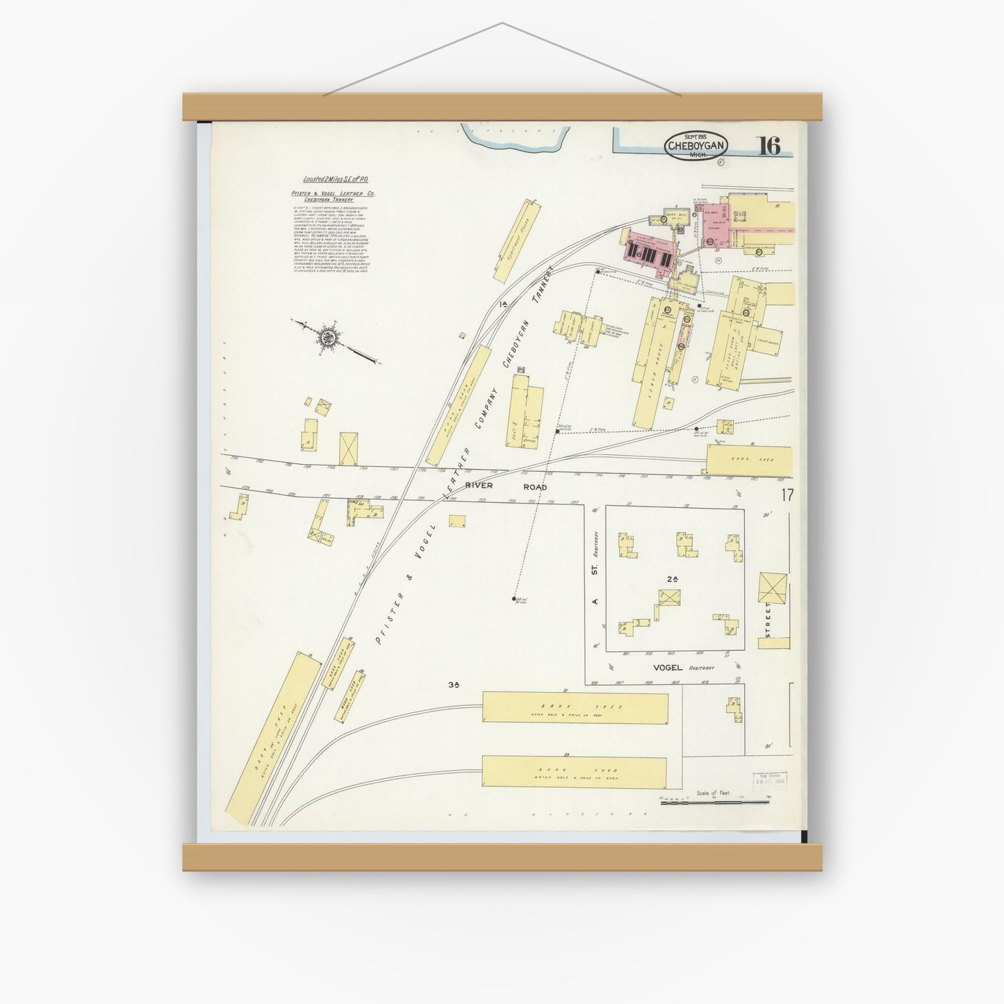 Old map wall art mockup — magnetic wood frame on white wall — Sanborn Fire Insurance Map from Cheboygan, Cheboygan County, Michigan (1915), Sheet #0016