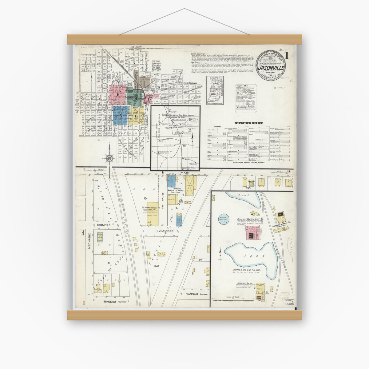 Old map wall art mockup — magnetic wood frame on white wall — Sanborn Fire Insurance Map from Jasonville, Greene County, Indiana (1915) - Complete Map Set