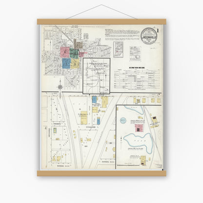 Old map wall art mockup — magnetic wood frame on white wall — Sanborn Fire Insurance Map from Jasonville, Greene County, Indiana (1915) - Complete Map Set