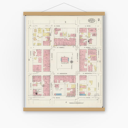Old map wall art mockup — magnetic wood frame on white wall — Sanborn Fire Insurance Map from Monroe, Green County, Wisconsin (1915), Sheet #0002