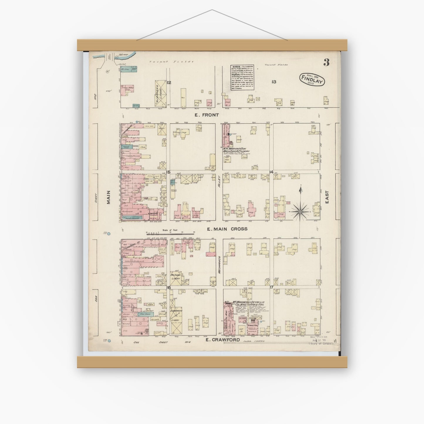 Old map wall art mockup — magnetic wood frame on white wall — Sanborn Fire Insurance Map from Findlay, Hancock County, Ohio (1884), Sheet #0003