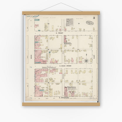 Old map wall art mockup — magnetic wood frame on white wall — Sanborn Fire Insurance Map from Findlay, Hancock County, Ohio (1884), Sheet #0003