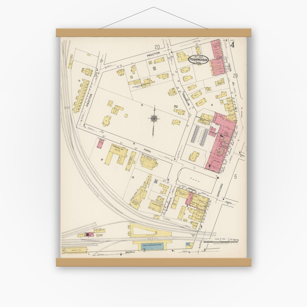 Old map wall art mockup — magnetic wood frame on white wall — Sanborn Fire Insurance Map from Framingham, Middlesex County, Massachusetts (1922), Sheet #0004