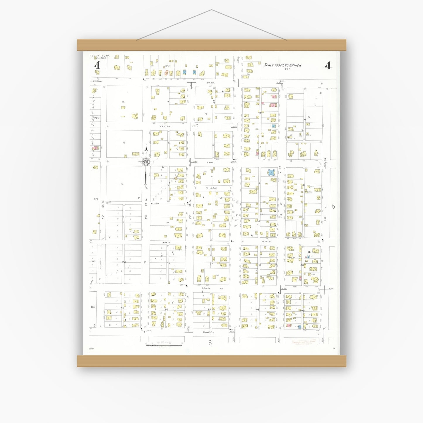 Old map wall art mockup — magnetic wood frame on white wall — Sanborn Fire Insurance Map from Perry, Dallas County, Iowa (1933), Sheet #0004
