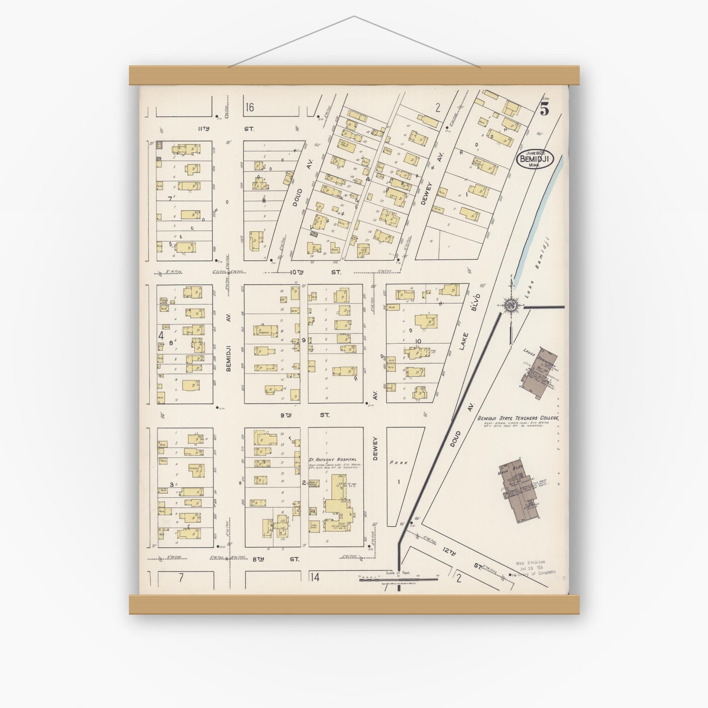 Old map wall art mockup — magnetic wood frame on white wall — Sanborn Fire Insurance Map from Bemidji, Beltrami County, Minnesota (1922), Sheet #0005