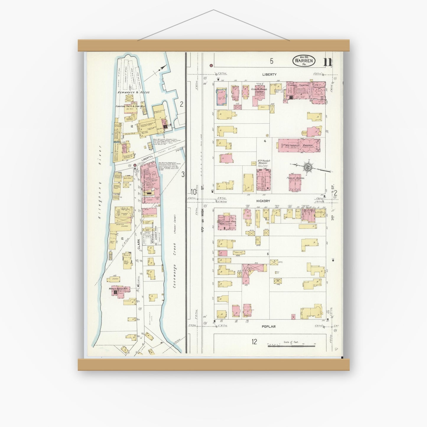 Old map wall art mockup — magnetic wood frame on white wall — Sanborn Fire Insurance Map from Warren, Warren County, Pennsylvania (1912), Sheet #0011