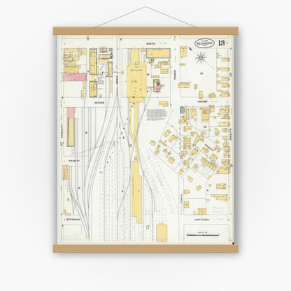Old map wall art mockup — magnetic wood frame on white wall — Sanborn Fire Insurance Map from Beaumont, Jefferson County, Texas (1904), Sheet #0013