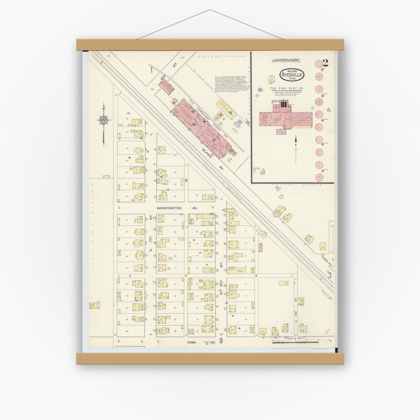 Old map wall art mockup — magnetic wood frame on white wall — Sanborn Fire Insurance Map from Byesville, Guernsey County, Ohio (1913), Sheet #0002
