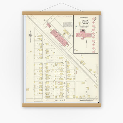 Old map wall art mockup — magnetic wood frame on white wall — Sanborn Fire Insurance Map from Byesville, Guernsey County, Ohio (1913), Sheet #0002