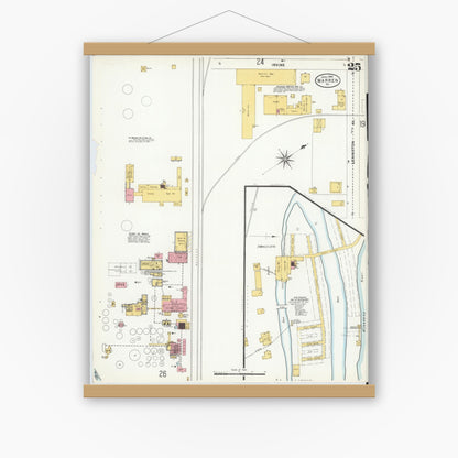 Old map wall art mockup — magnetic wood frame on white wall — Sanborn Fire Insurance Map from Warren, Warren County, Pennsylvania (1904), Sheet #0025