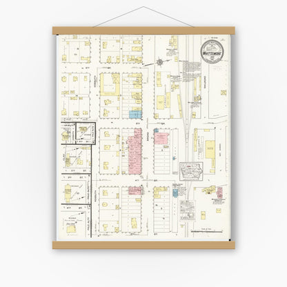 Old map wall art mockup — magnetic wood frame on white wall — Sanborn Fire Insurance Map from Whittemore, Kossuth County, Iowa (1915), Sheet #0001