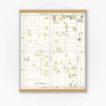 Old map wall art mockup — magnetic wood frame on white wall — Sanborn Fire Insurance Map from Hollywood, Los Angeles County, California (1907), Sheet #0021