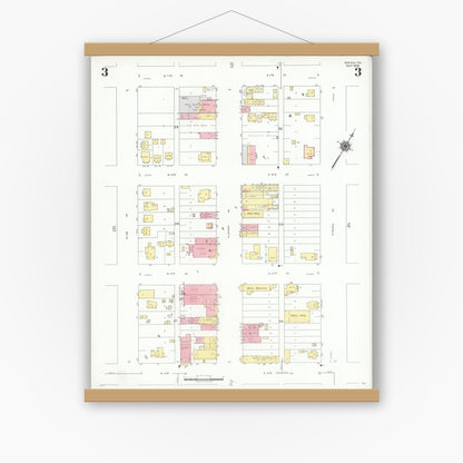 Old map wall art mockup — magnetic wood frame on white wall — Sanborn Fire Insurance Map from Odessa, Edger County, Texas (1939), Sheet #0003