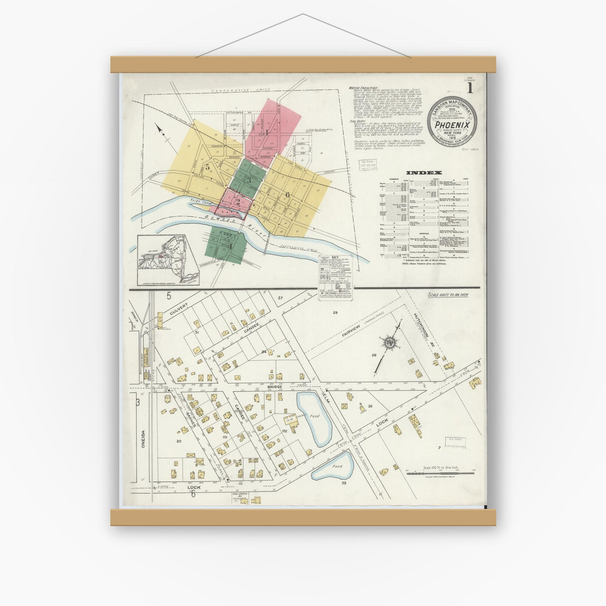 Old map wall art mockup — magnetic wood frame on white wall — Sanborn Fire Insurance Map from Phoenix, Oswego County, New York (1919), Sheet #0001