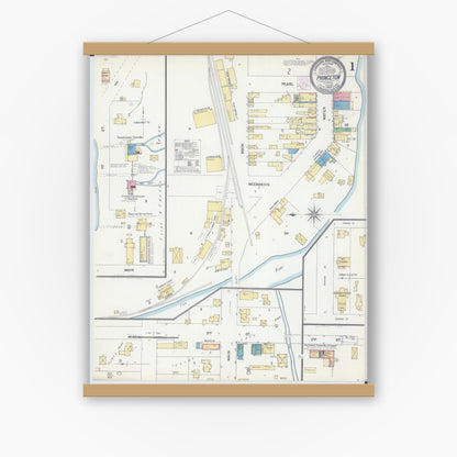 Old map wall art mockup — magnetic wood frame on white wall — Sanborn Fire Insurance Map from Princeton, Green Lake County, Wisconsin (1904) - Complete Map Set