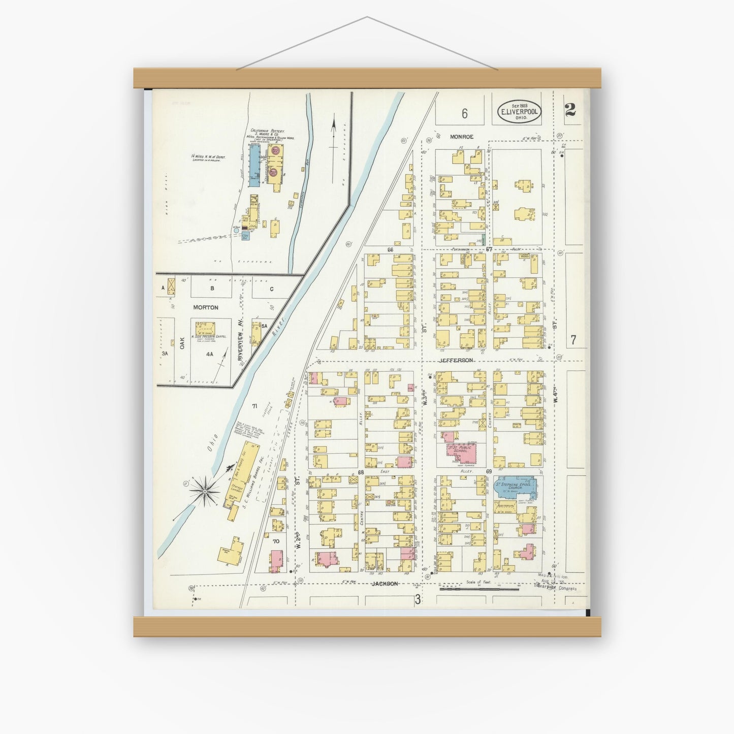 Old map wall art mockup — magnetic wood frame on white wall — Sanborn Fire Insurance Map from East Liverpool, Columbiana County, Ohio (1903), Sheet #0002