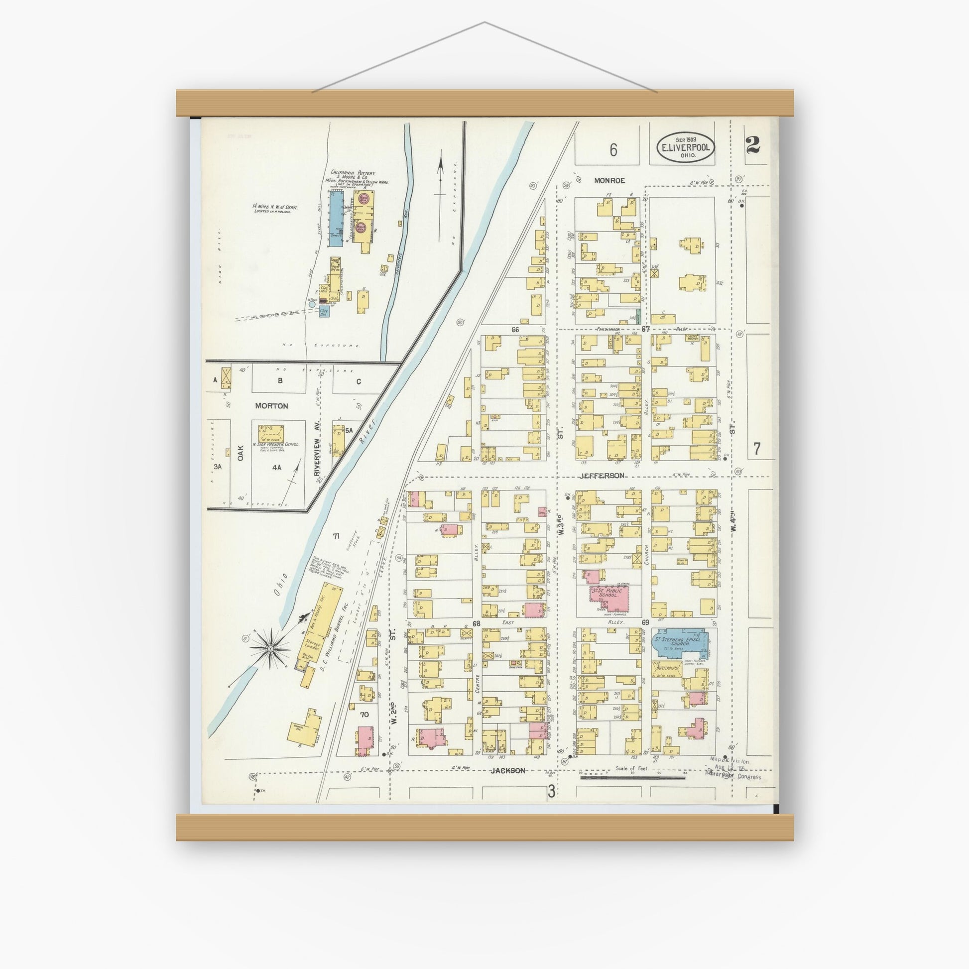 Old map wall art mockup — magnetic wood frame on white wall — Sanborn Fire Insurance Map from East Liverpool, Columbiana County, Ohio (1903), Sheet #0002