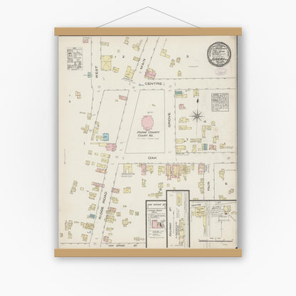 Old map wall art mockup — magnetic wood frame on white wall — Sanborn Fire Insurance Map from Juneau, Dodge County, Wisconsin (1884), Sheet #0001