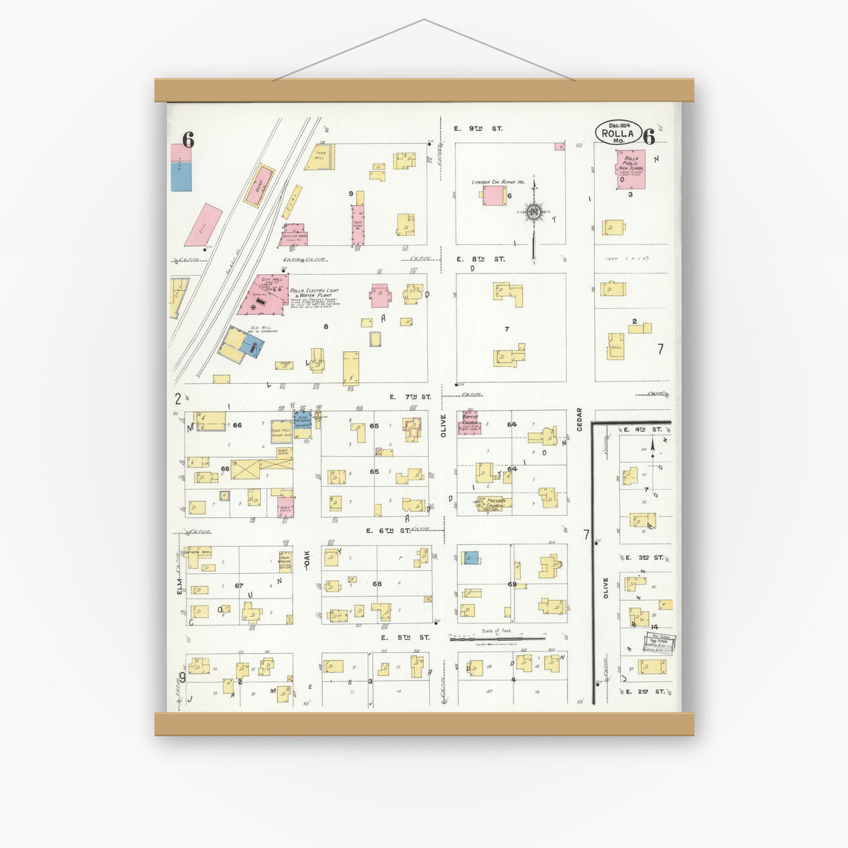 Old map wall art mockup — magnetic wood frame on white wall — Sanborn Fire Insurance Map from Rolla, Phelps County, Missouri (1924), Sheet #0006