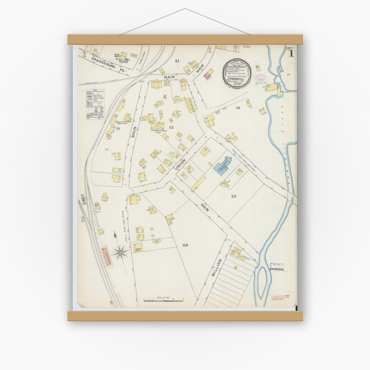 Old map wall art mockup — magnetic wood frame on white wall — Sanborn Fire Insurance Map from Sparkill, Rockland County, New York (1893) - Complete Map Set