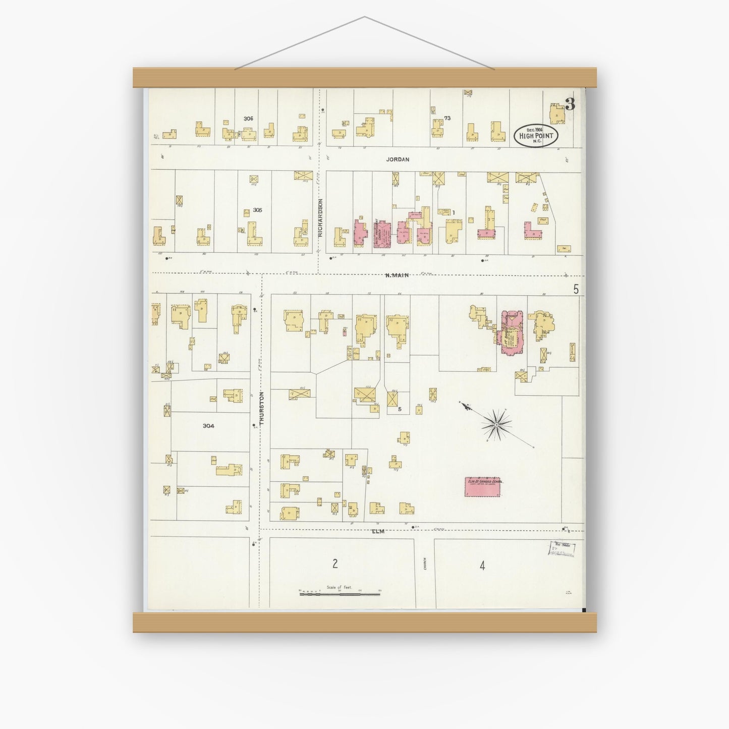 Old map wall art mockup — magnetic wood frame on white wall — Sanborn Fire Insurance Map from High Point, Guilford County, North Carolina (1906), Sheet #0003
