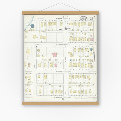 Old map wall art mockup — magnetic wood frame on white wall — Sanborn Fire Insurance Map from Kankakee, Kankakee County, Illinois (1914), Sheet #0020
