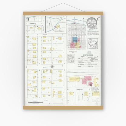 Old map wall art mockup — magnetic wood frame on white wall — Sanborn Fire Insurance Map from Muscoda, Grant County, Wisconsin (1927), Sheet #0001