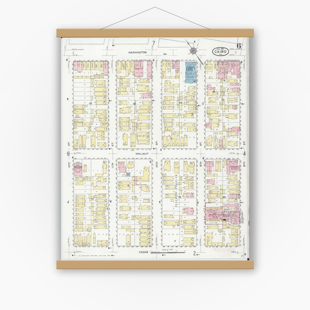 Old map wall art mockup — magnetic wood frame on white wall — Sanborn Fire Insurance Map from Cairo, Alexander County, Illinois (1914), Sheet #0006