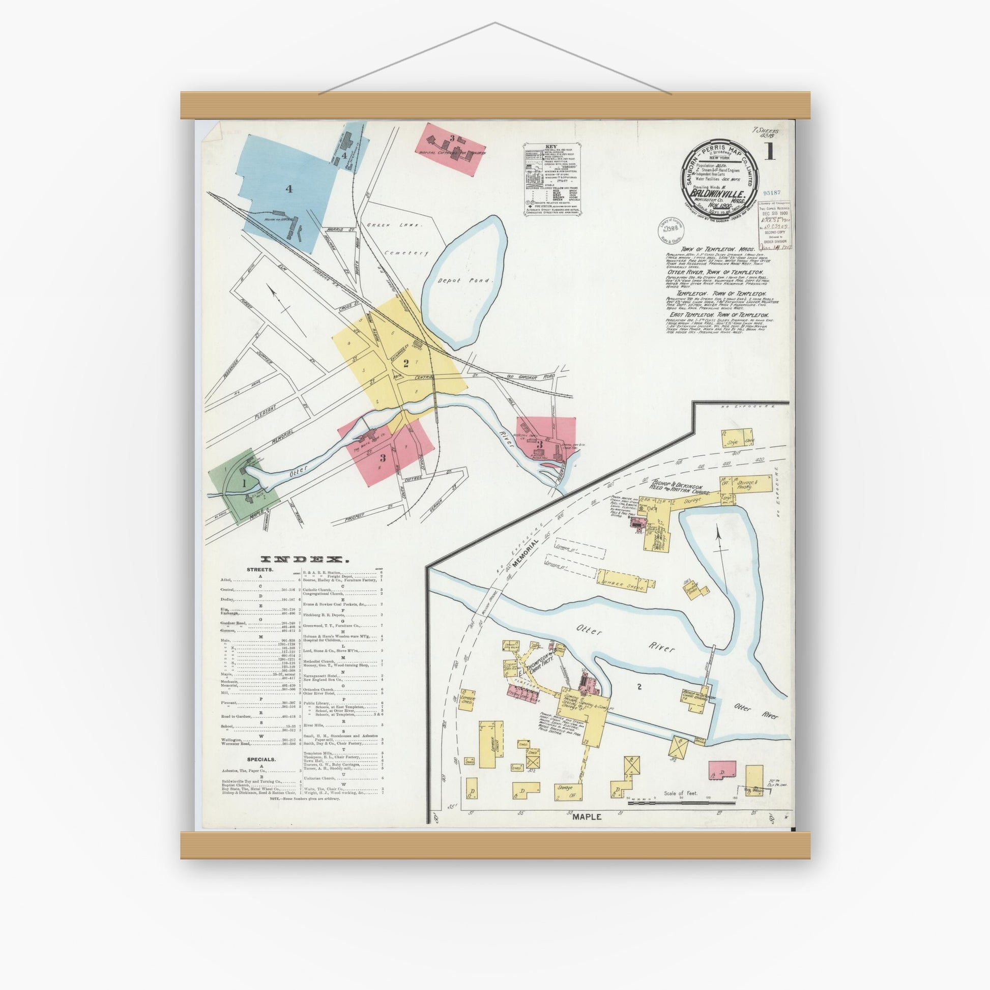 Old map wall art mockup — magnetic wood frame on white wall — Sanborn Fire Insurance Map from Baldwinville, Worcester County, Massachusetts (1900), Sheet #0001