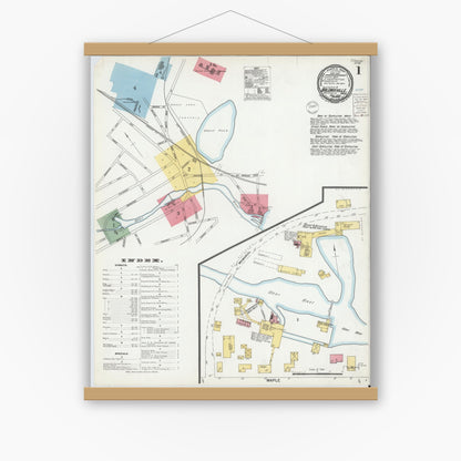 Old map wall art mockup — magnetic wood frame on white wall — Sanborn Fire Insurance Map from Baldwinville, Worcester County, Massachusetts (1900), Sheet #0001