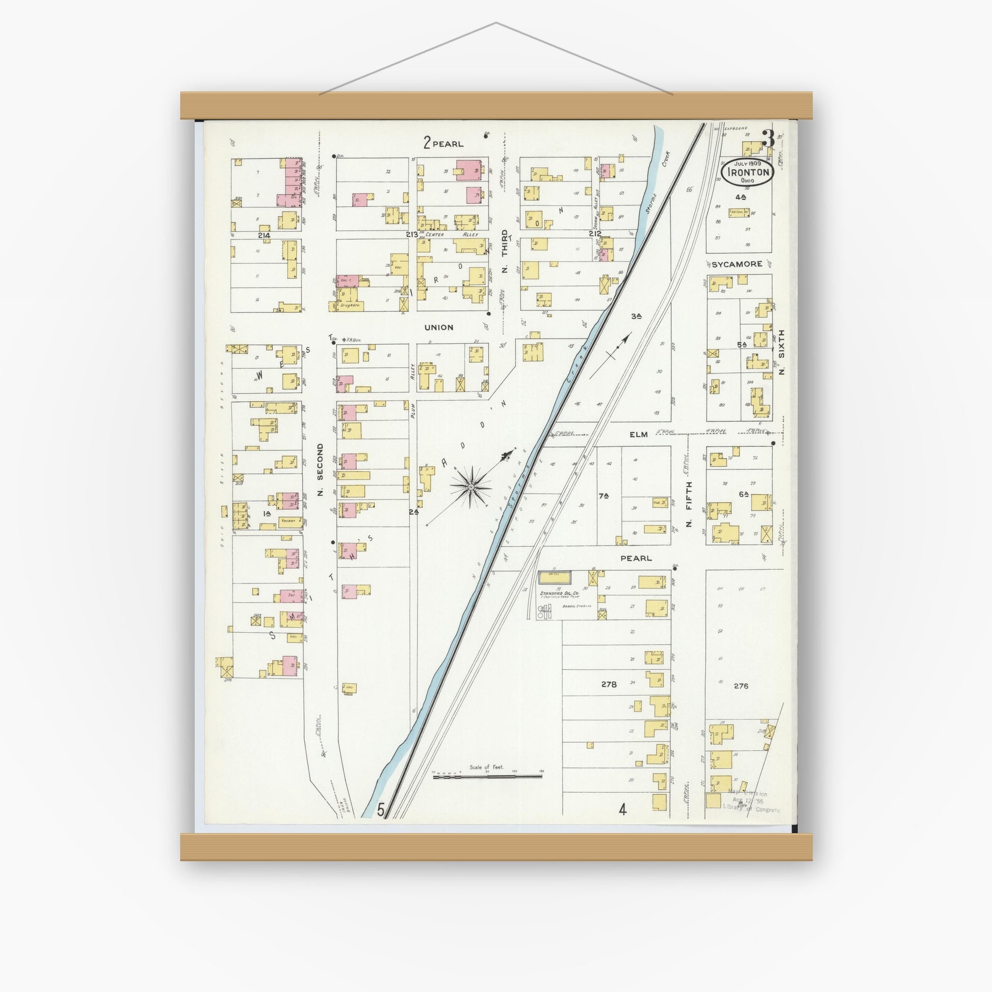 Old map wall art mockup — magnetic wood frame on white wall — Sanborn Fire Insurance Map from Ironton, Lawrence County, Ohio (1909), Sheet #0003