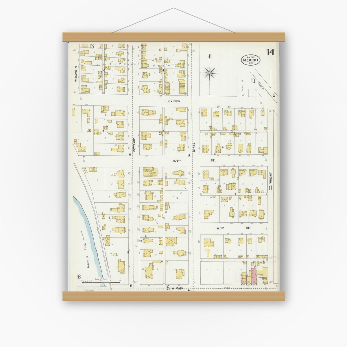 Old map wall art mockup — magnetic wood frame on white wall — Sanborn Fire Insurance Map from Merrill, Lincoln County, Wisconsin (1902), Sheet #0014
