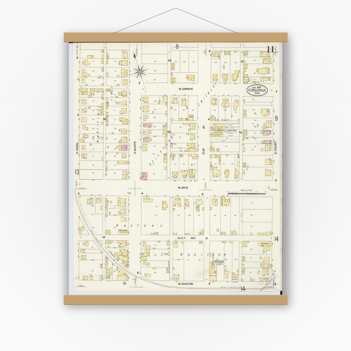 Old map wall art mockup — magnetic wood frame on white wall — Sanborn Fire Insurance Map from Circleville, Pickaway County, Ohio (1907), Sheet #0011