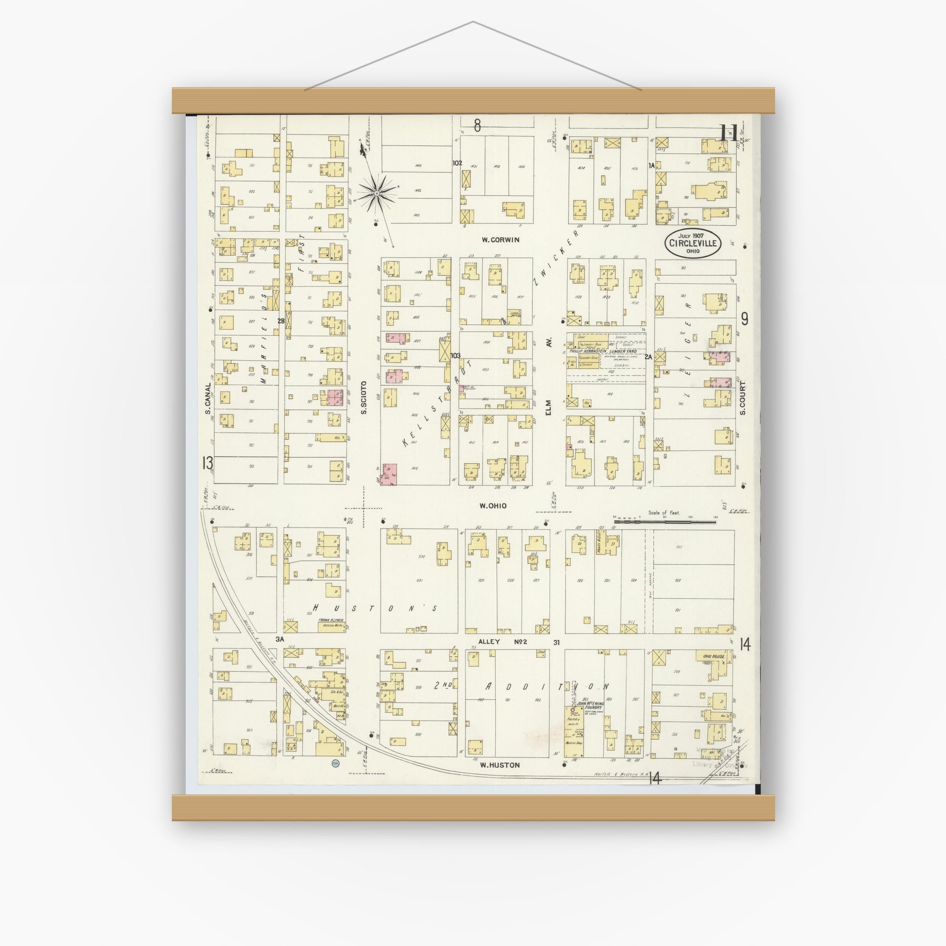 Old map wall art mockup — magnetic wood frame on white wall — Sanborn Fire Insurance Map from Circleville, Pickaway County, Ohio (1907), Sheet #0011