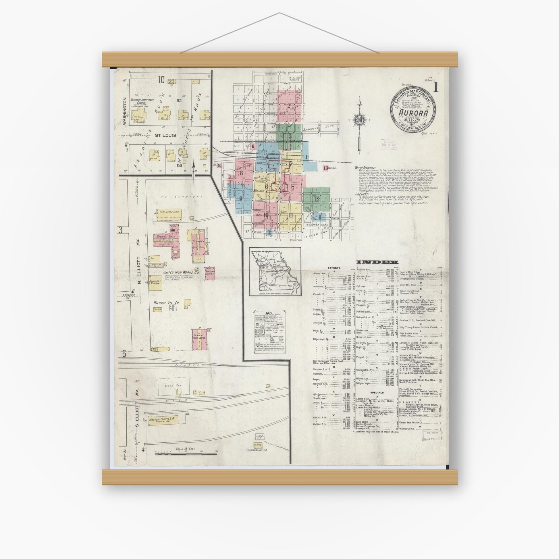 Old map wall art mockup — magnetic wood frame on white wall — Sanborn Fire Insurance Map from Aurora, Lawrence County, Missouri (1914) - Complete Map Set